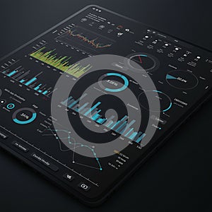 Tablet displaying a dark-themed dashboard. It features various data visualizations
