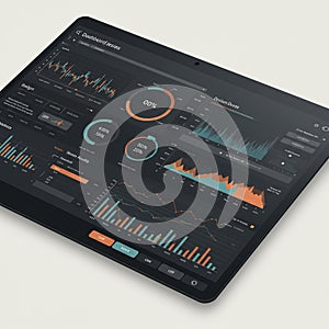 Tablet displaying a data analytics dashboard. Features a dark theme with graphs