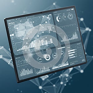 Tablet displaying a data analytics dashboard featuring graphs, charts, and diagrams.