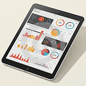 Tablet displaying a data analytics dashboard featuring various charts and graphs.