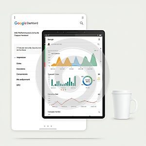 A tablet displaying data analytics, featuring colorful graphs and charts, is partially