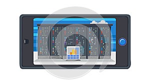 Tablet Displaying Data Center Racks, Cloud Hosting, vector design Generative AI
