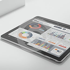 A tablet displaying a data dashboard featuring various charts and graphs, including