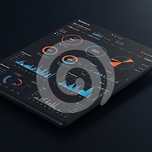 Tablet displaying a digital dashboard interface. Features include various data