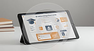 Tablet displaying an E-Learning platform interface, featuring a graduation cap icon,
