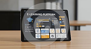 Tablet displaying an e-learning platform interface. The screen features a graduation