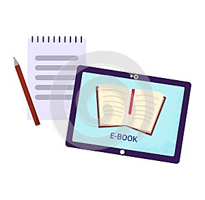 Tablet displaying ebook notepad pencil next it. Digital education reading concept. Online