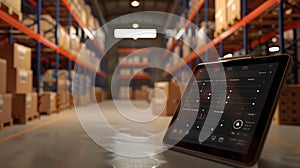 The Tablet in Warehouse Aisle.AI generated image