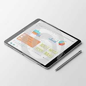 Tablet displaying a user interface with various graphs and charts, including a line