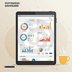 Tablet displaying various business analytics on its screen, including pie charts, bar