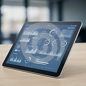 A tablet displaying various data visualizations and analytics on its screen, including