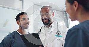 Tablet, doctor and nurses conversation, communication and online research in hospital. Black man, medical professional