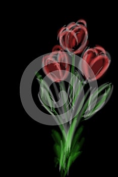 Tablet draw red tulips on black background