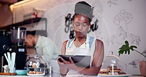 Tablet, ecommerce and black woman in coffee shop for online order in small business startup as owner or employee. Tech
