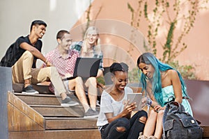 Tablet, education and students happy on university or college campus together for learning or study. People, smile or