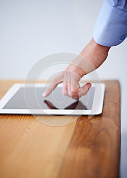 Tablet, finger and pointing for interactive screen, mockup and technology for networking or touch. Businessman, internet