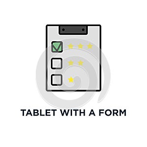 tablet with a form for filling icon. online survey, feedback and review, outline, concept symbol design, checklist, choosing