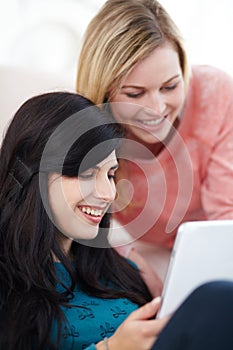 Tablet, friends and happy women online for social media, networking and browse website for shopping. Communication