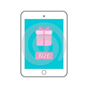 Tablet with gift on monitor icon. Vector tab illustration
