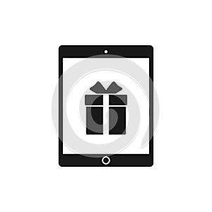 Tablet with gift on monitor icon. Vector tab illustration