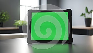 Tablet with Green Screen on Table