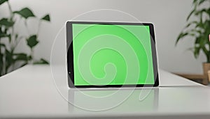 Tablet with Green Screen on a White Table