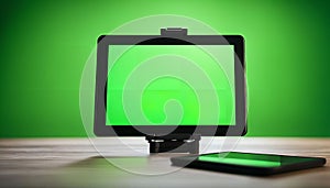 Tablet with Green Screen on a Wooden Table