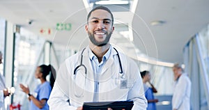 Tablet, happy man or face of doctor in hospital with research to search for medicine web on social media. Telehealth