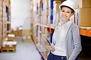 Tablet, happy or woman in warehouse for safety in shipping delivery, product or factory stock by shelf. Industrial