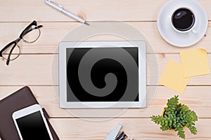 Tablet header image. Office stuff, workplace, top view