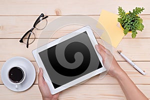 Tablet header image. Office stuff, workplace, top view