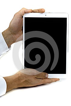 Tablet held by hands bussiness message black screen