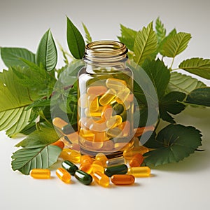 Tablet jar with natural extract yellow pills. Bottle of pills with leaves behind