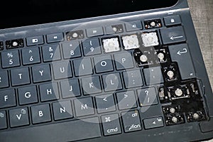 Tablet keyboard, computer control panel for typing texts. Damaged and incomplete. Dislexy and unintelligible.