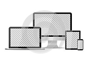 Tablet, laptop, phone and computer devices. Desktop monitor, pc and smartphone. Mockup with blank screen. Digital electronic