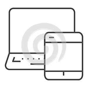 Tablet and laptop thin line icon, smart home symbol, modern technology vector sign on white background, multimedia