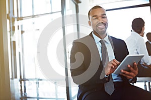 Tablet, lawyer and portrait of black man in office for business, research app or coworking. Face, technology and smile