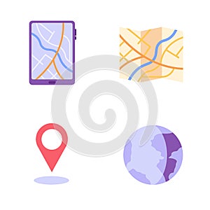 Tablet with map application, geotag, planet, route. Concept of geolocation, geotagging, gps navigation, online map, gps pin,