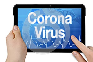 Tablet with medical touchscreen and corona virus isolated on white background