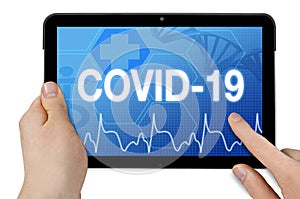 Tablet with medical touchscreen and diagnosis corona-virus Covid-19