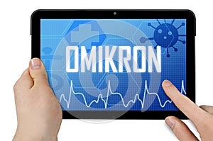 Tablet with medical touchscreen and diagnosis omikron corona-virus Covid-19 and long-covid