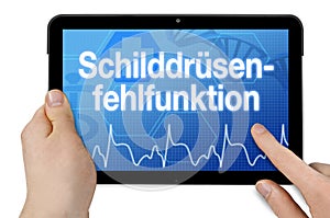 Tablet with medical touchscreen and the german word for abdominal wall hernia - bauchdeckenbruch