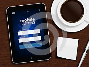 tablet with mobile banking login page, cup of coffee, pen and white note