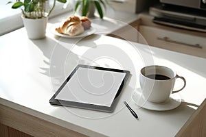 Tablet Mockup on Kitchen Table with Coffee and Breakfast
