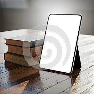 Tablet Mockup with Stack of Books on Wooden Table