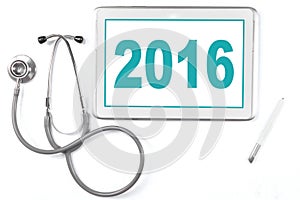 Tablet with number 2016 and stethoscope