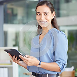 Tablet, office and business woman in portrait for website management, Human Resources innovation and recruitment