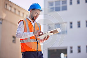 Tablet, outdoor and engineering man, construction worker or building contractor with urban design planning on software