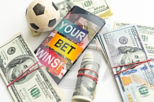 tablet pc with app for sport bets, on top of stacks of banknotes, white background, concept of online bets 3d render