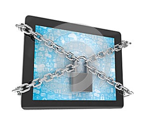 Tablet PC with chains and lock isolated on white